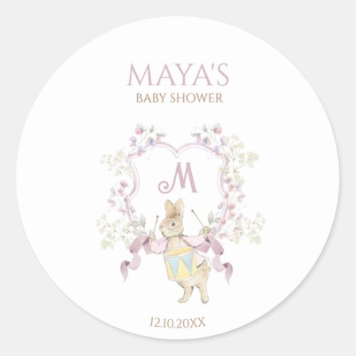 Pink Floral Peter the Rabbit Monogram Baby Shower Classic Round Sticker