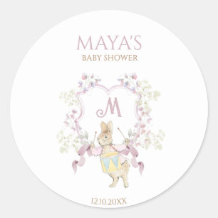 Pink Floral Peter the Rabbit Monogram Baby Shower Classic Round Sticker