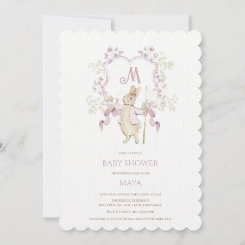 Pink Floral Peter the Rabbit Monogram Baby Shower Invitation