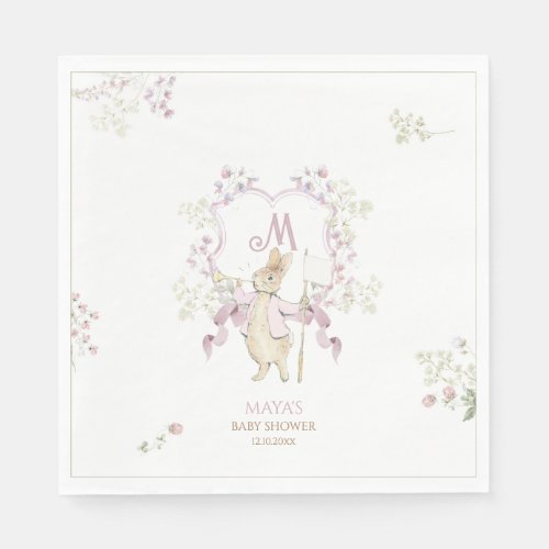 Pink Floral Peter the Rabbit Monogram Baby Shower Napkins