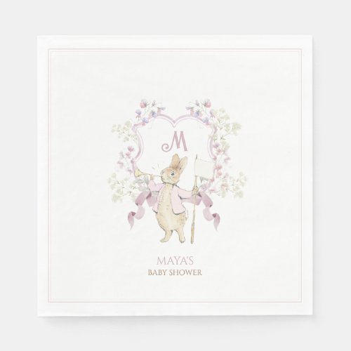 Pink Floral Peter the Rabbit Monogram Baby Shower Napkins