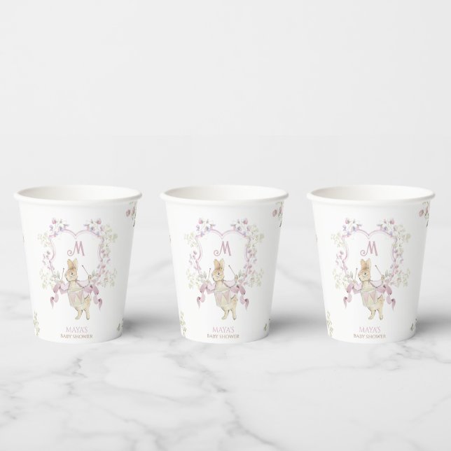 Pink Floral Peter the Rabbit Monogram Baby Shower Paper Cups (Multi)