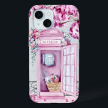 Pink Floral Phone Booth Personalized  iPhone 15 Case<br><div class="desc">This beautiful phone case features a pink phone booth adorned in flowers with a nearby tree dropping pink blossoms on the ground. You can personalize with your name.</div>