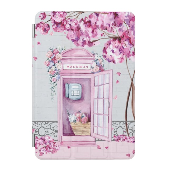 Pink Floral Phone Booth Personalized iPad Mini Cover (Front)