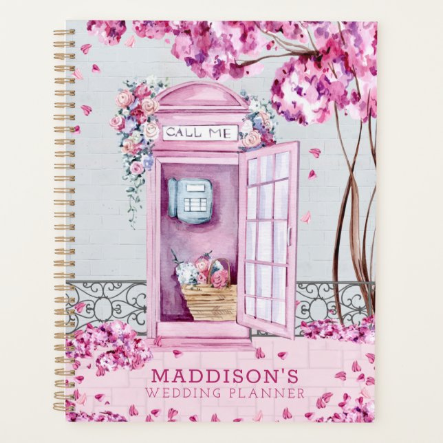 Pink Floral Phone Booth Personalized Wedding Planner (Front)