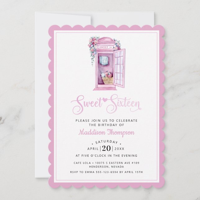 Pink Floral Phone Booth | Sweet 16 Invitation (Front)