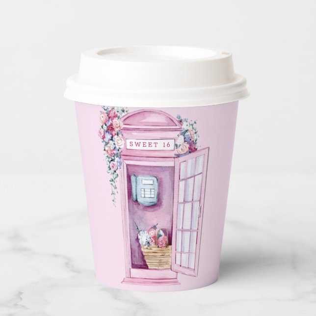 Pink Floral Phone Booth | Sweet 16 Paper Cups (Front)