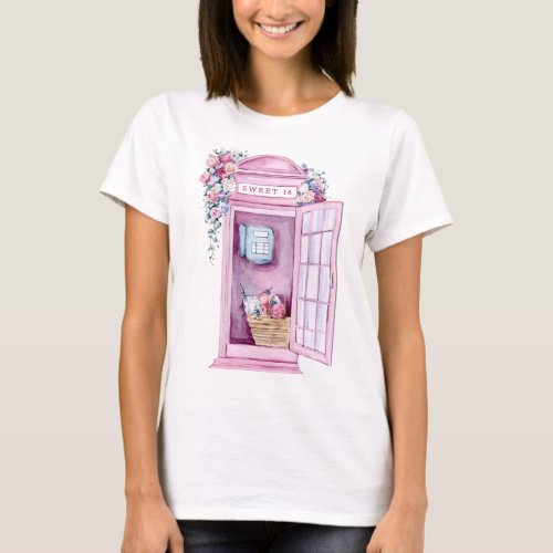 Pink Floral Phone Booth  Sweet 16  T_Shirt