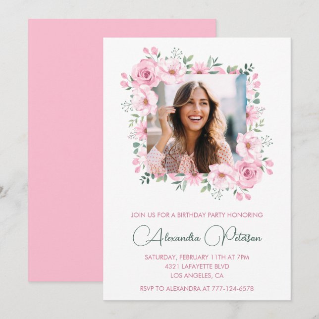 Pink Floral Photo 44th birthday invitations  (Front/Back)