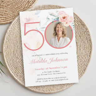Pink Floral Photo 50th Birthday Invitation