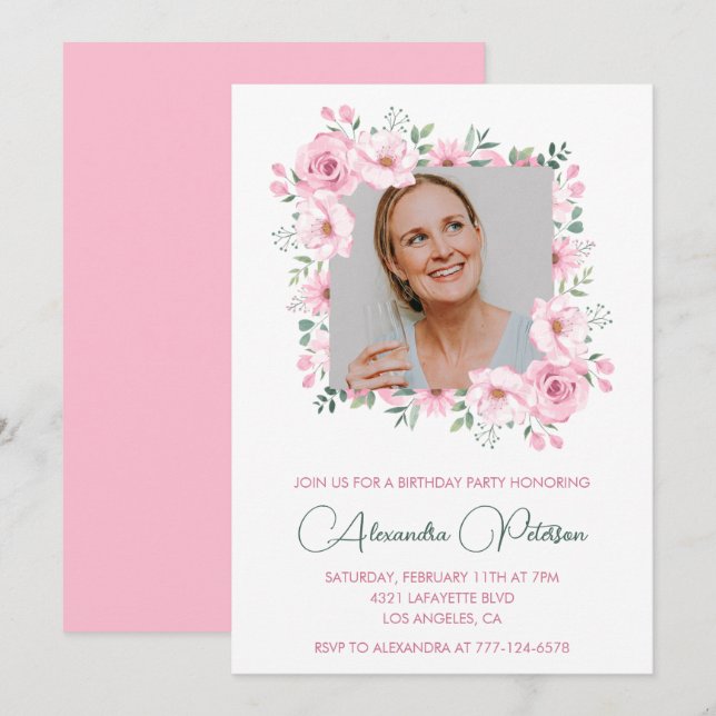 Pink Floral Photo 56th birthday invitations  (Front/Back)