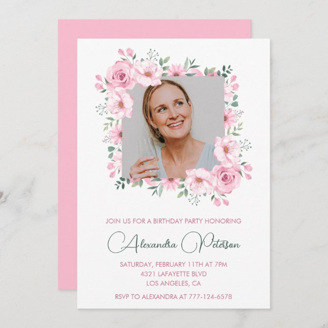 Pink Floral Photo 58th birthday invitations  (Front/Back)