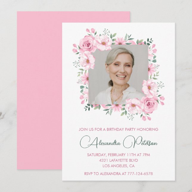 Pink Floral Photo 72nd birthday invitations  (Front/Back)