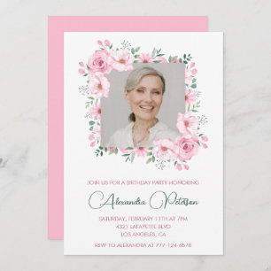 Pink Floral Photo 84th birthday invitations 