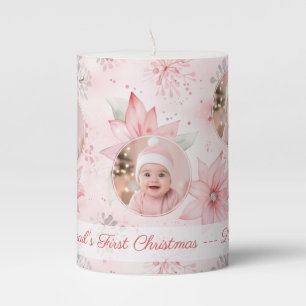 Pink Floral Photo Baby's First Christmas Pillar Candle