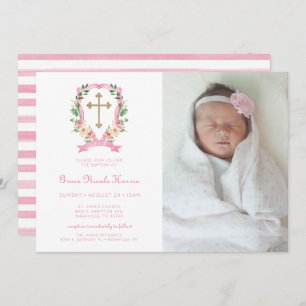 Pink Floral Photo Baptism Invitation