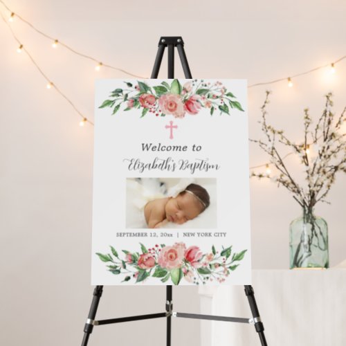 Pink Floral Photo Baptism Welcome Sign for Girls