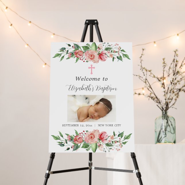 Pink Floral Photo Baptism Welcome Sign for Girls (In Situ (Stand))