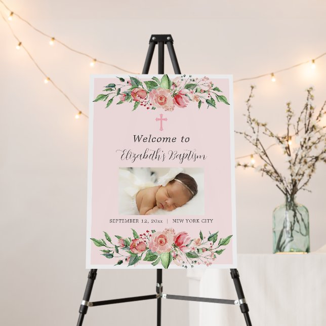 Pink Floral Photo Baptism Welcome Sign for Girls (In Situ (Stand))