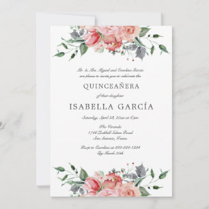 Pink Floral Photo Bible Verse Quinceañera Invitation