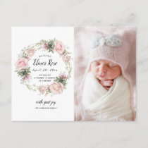 Pink Floral Photo Birth Announcement Postcard