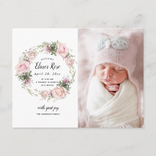 Pink Floral Photo Birth Announcement Postcard