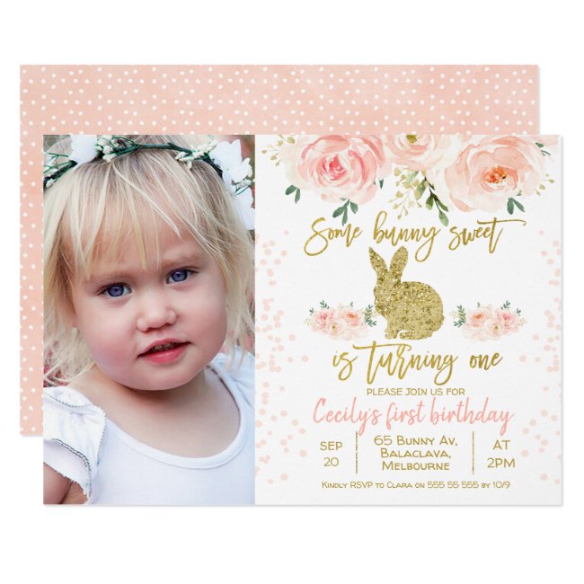 Pink floral photo bunny 1st Birthday Invitation