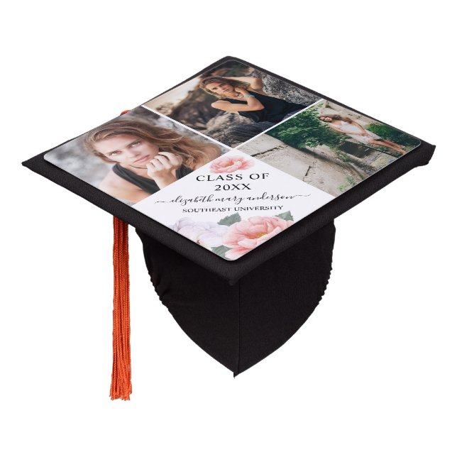 Pink Floral Photo Collage Graduation Class of  Cap Topper (Angled)
