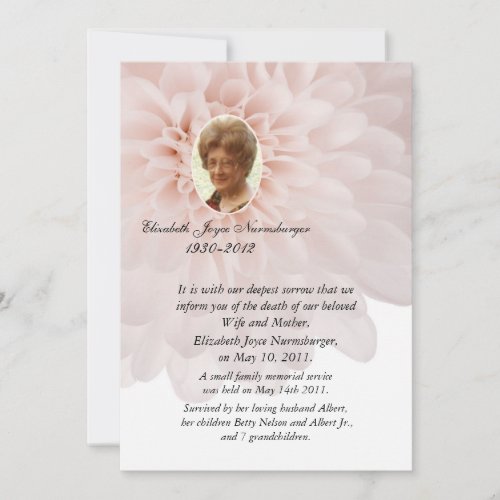 Pink Floral Photo Death Announcement Card