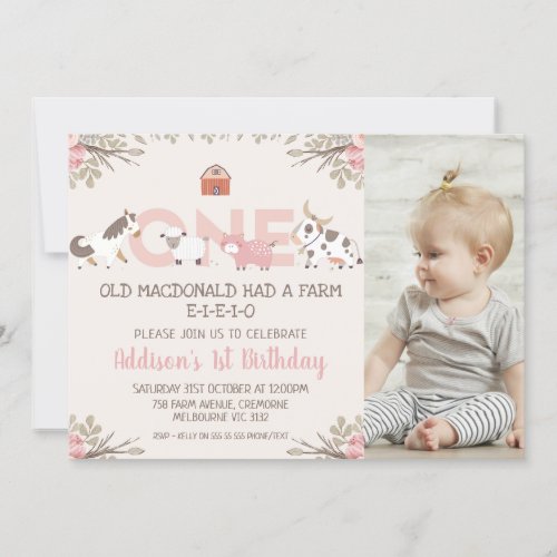 Pink Floral Photo Farm Farmyard 1st Birthday Invitation