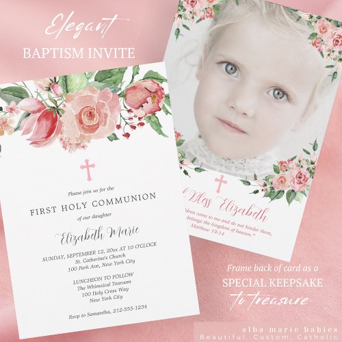 Pink Floral Photo First Communion for Girls Invitation
