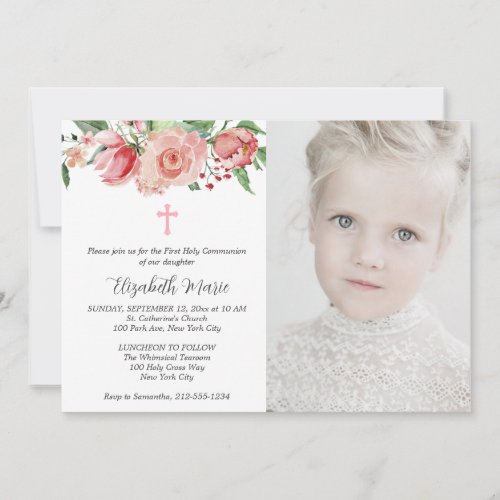 Pink Floral  Photo First Communion for Girls Invitation