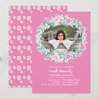 Pink Floral Photo Frame Quinceañera Invitation