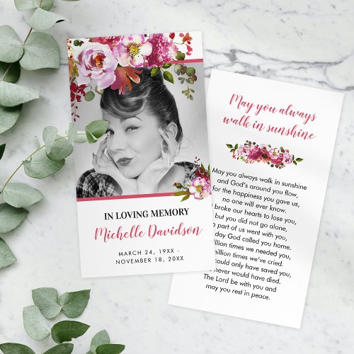 Pink Floral Photo Funeral Prayer Card