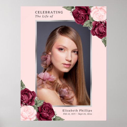 Pink Floral Photo Funeral Sign Celebration of Life