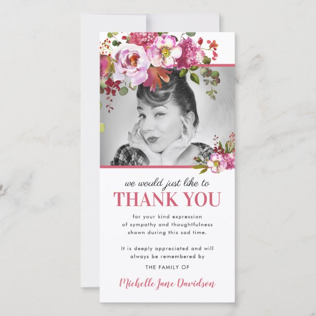 Pink Floral Photo Funeral Thank You (Front)