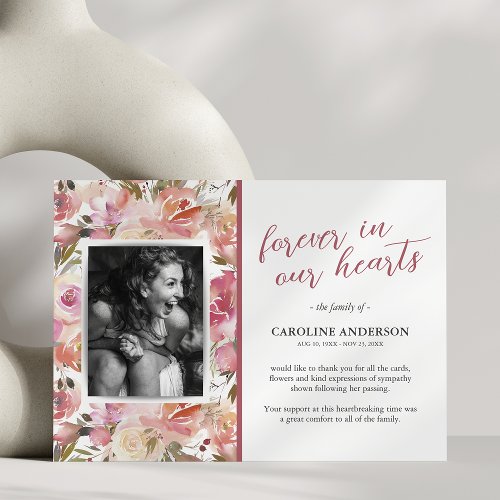 Pink Floral Photo Funeral Thank You Card