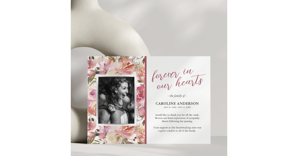 Pink Floral Photo Funeral Thank You Card | Zazzle
