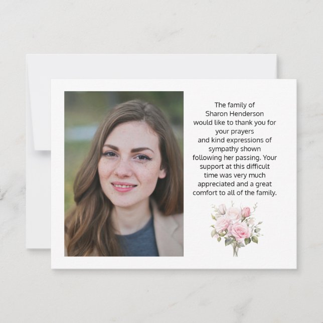 Pink Floral Photo Funeral Thank You Note Card (Front)