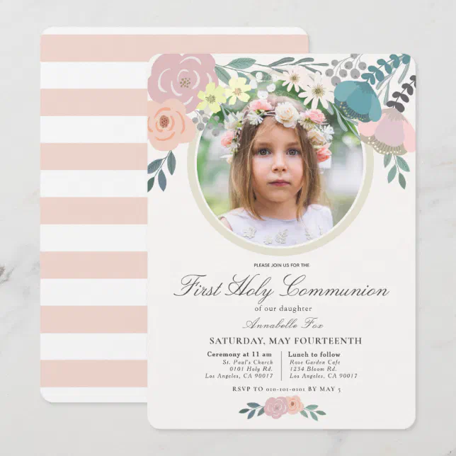 Pink Floral Photo Girl First Holy Communion Invitation | Zazzle