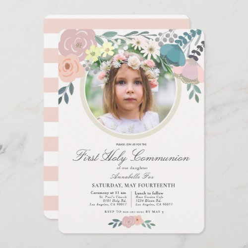 Pink Floral Photo Girl First Holy Communion Invitation