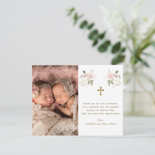 Pink Floral Photo Girls Twins Gold Cross Baptism  Thank You Card (Standing Front)