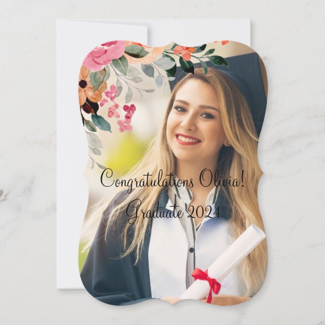 Pink floral photo graduation invitation  (Front)