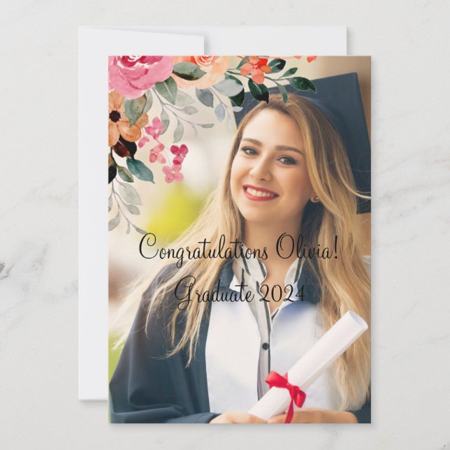 PINK FLORAL PHOTO GRADUATION INVITATIONS (Front)