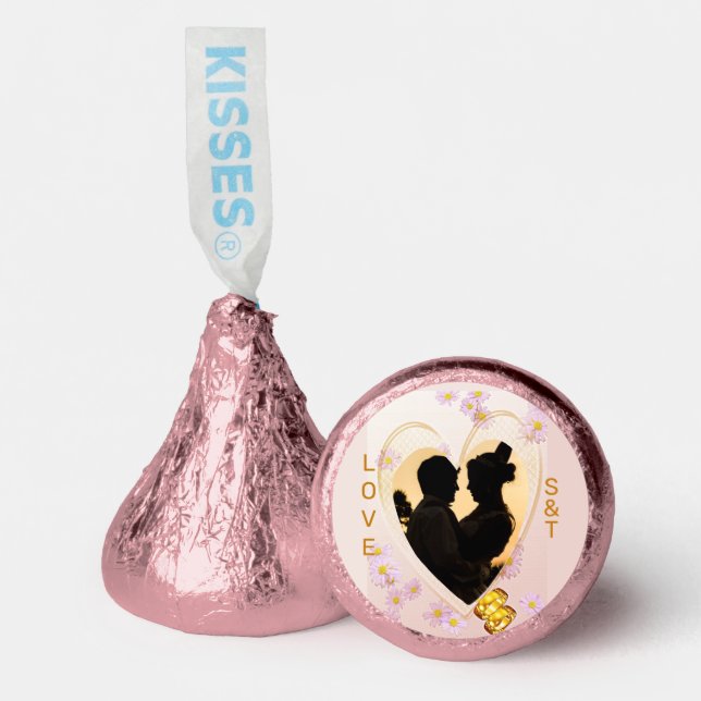 Pink Floral Photo Heart Gold Rings Love Initials Hershey®'s Kisses® (Front)