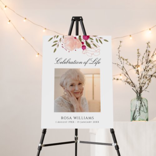 Pink Floral Photo Life Celebration Memorial Sign