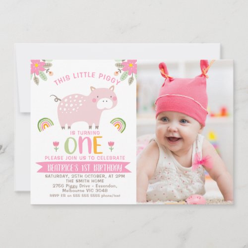 Pink Floral Photo Little Piggy 1st Birthday Invitation