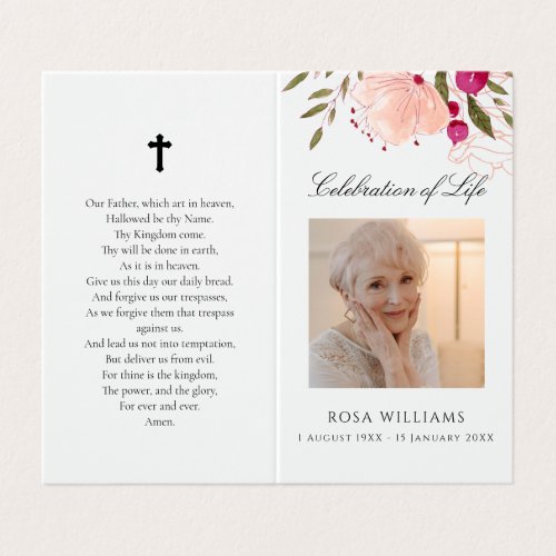 Pink Floral Photo Memorial Funeral Prayer Card