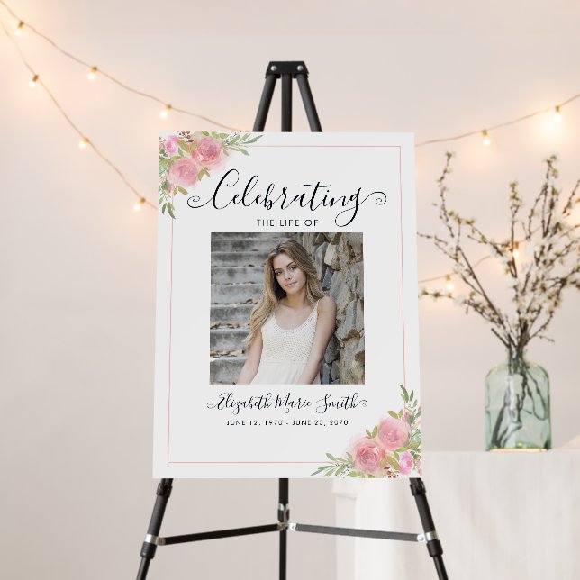 Pink Floral Photo Memorial Funeral Welcome Sign (In Situ (Stand))