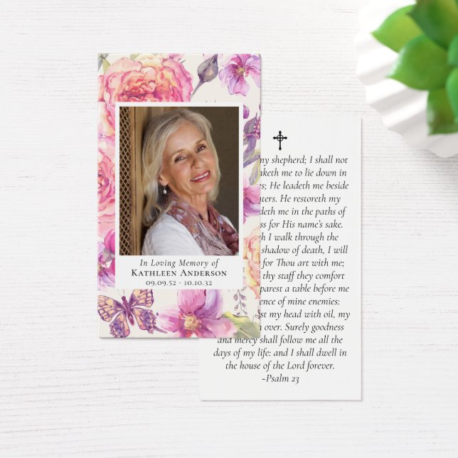 Pink Floral Photo Memorial Prayer Card (Desk)